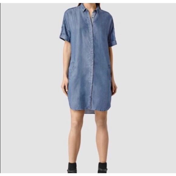 Allsaints Mel Dress Button Down Short Sleeves Mini Light Indigo Blue Size 4 - Picture 2 of 14